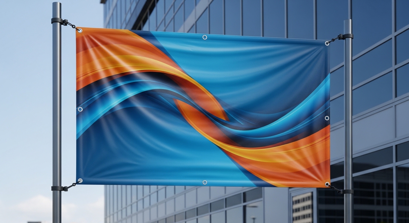 Werbebanner aus PVC-Plane mit blau-orangem Grafikdruck, aufgehängt zwischen Metallständern vor Bürogebäude
